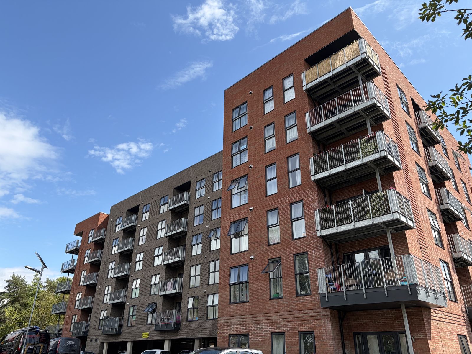 Completed red-brick apartment building at East Point