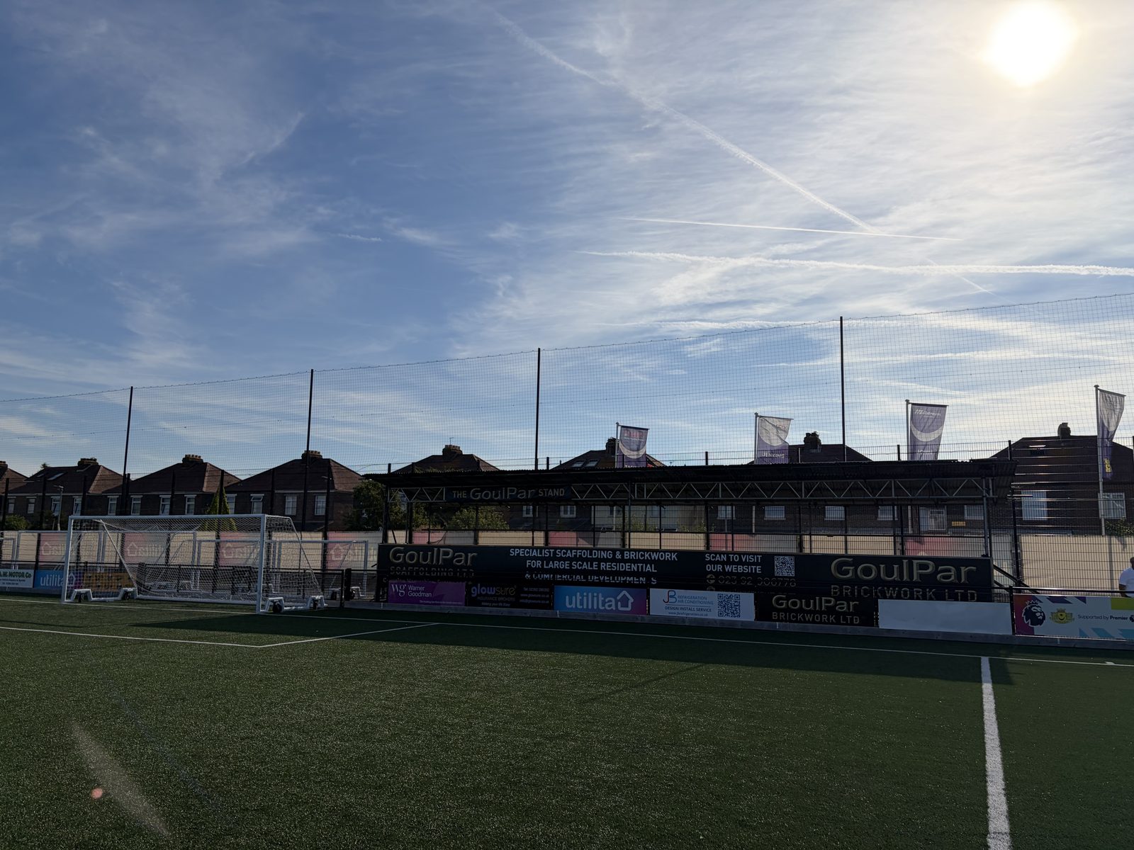New Moneyfields FC stand at the John Jenkins Stadium with GoulPar branding